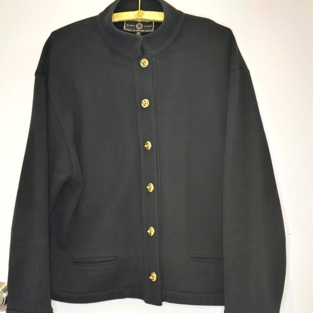 St. John Black Size M Sweater Gold Twist Lock Buttons Mandarin Collar Academia - Picture 3 of 12